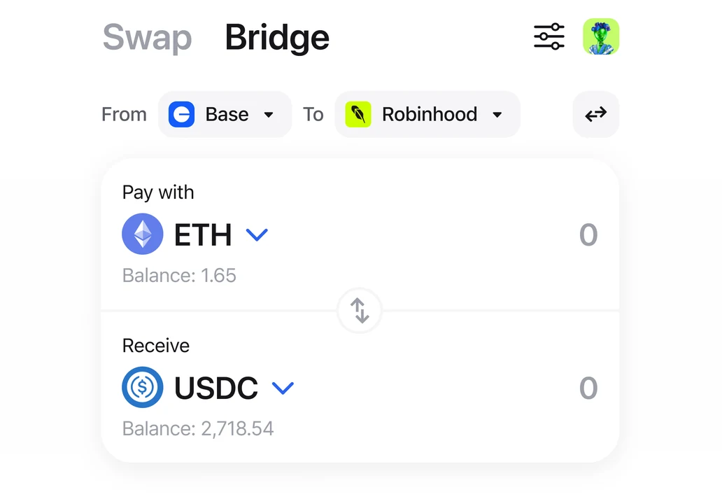Zerion Wallet Bridge screen paying with ETH on Base and receiving USDC on Robinhood Chain