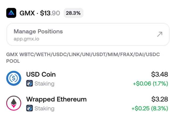 A GMX staking position on Arbitrum in Zerion Wallet, with its staked assets itemised