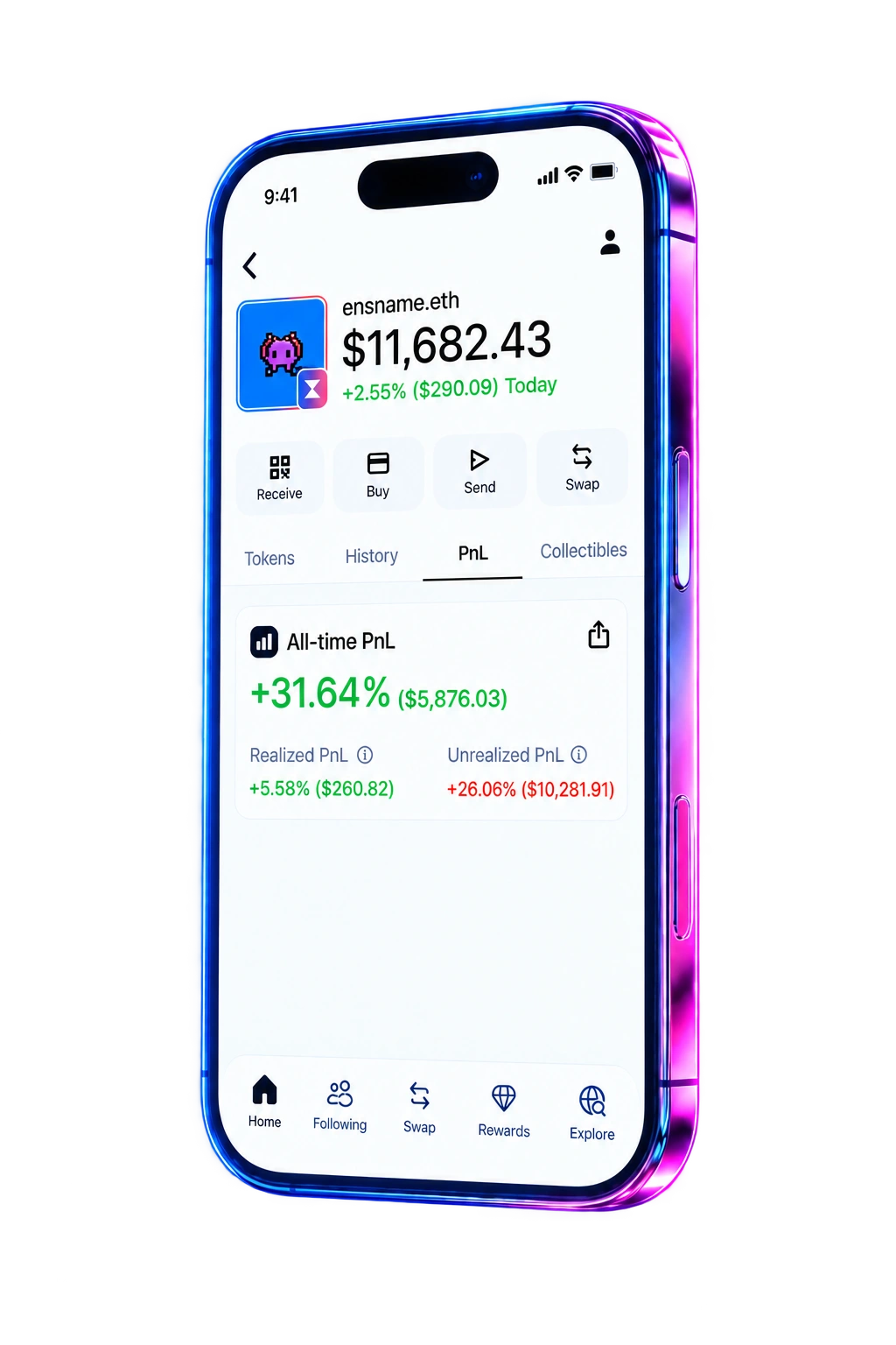 Zerion Premium P&L on a luminous phone screen with blue and pink rim lighting