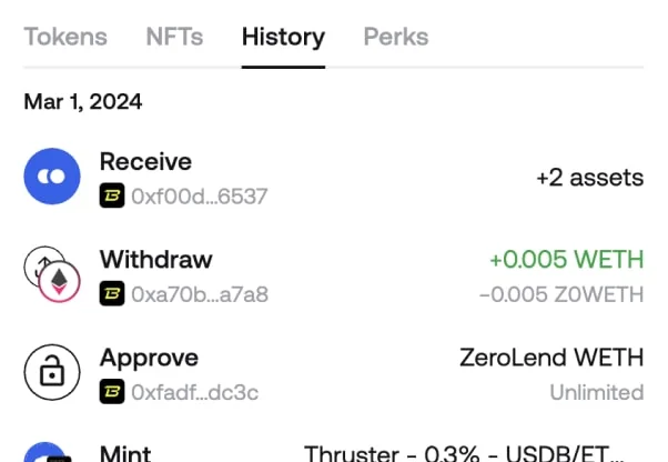 Zerion Wallet activity feed showing decoded receive, withdraw, approve and mint transactions with the assets involved
