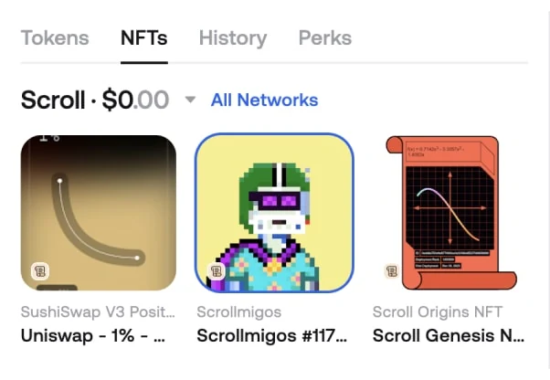 The NFTs tab in Zerion Wallet showing Scroll collectibles with their names and values