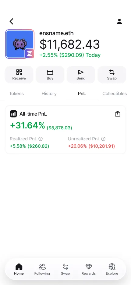 Zerion Wallet all-time profit and loss for a wallet, split into realized and unrealized