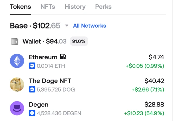 Zerion Wallet token list with balances and 24-hour price changes