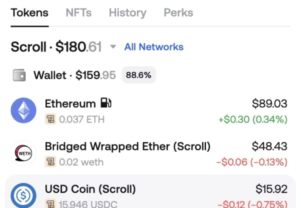 Zerion Wallet token list filtered to Scroll, showing ETH, bridged wrapped ETH and stablecoin balances