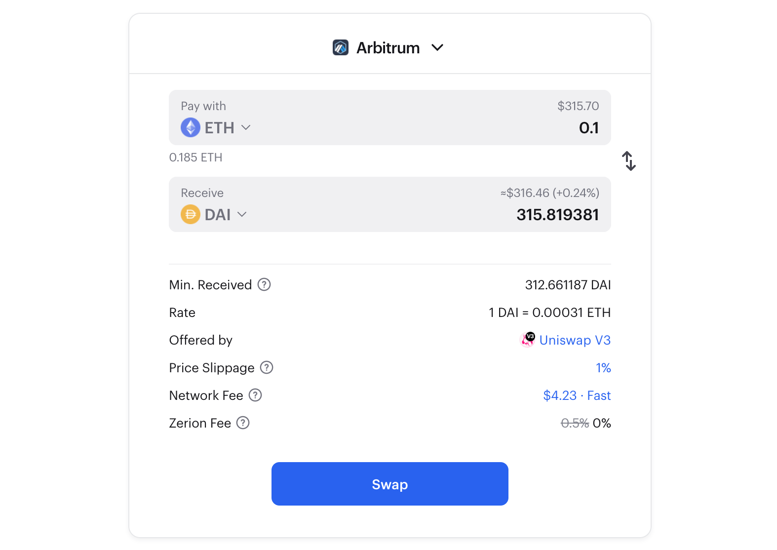 Example of swap on Zerion