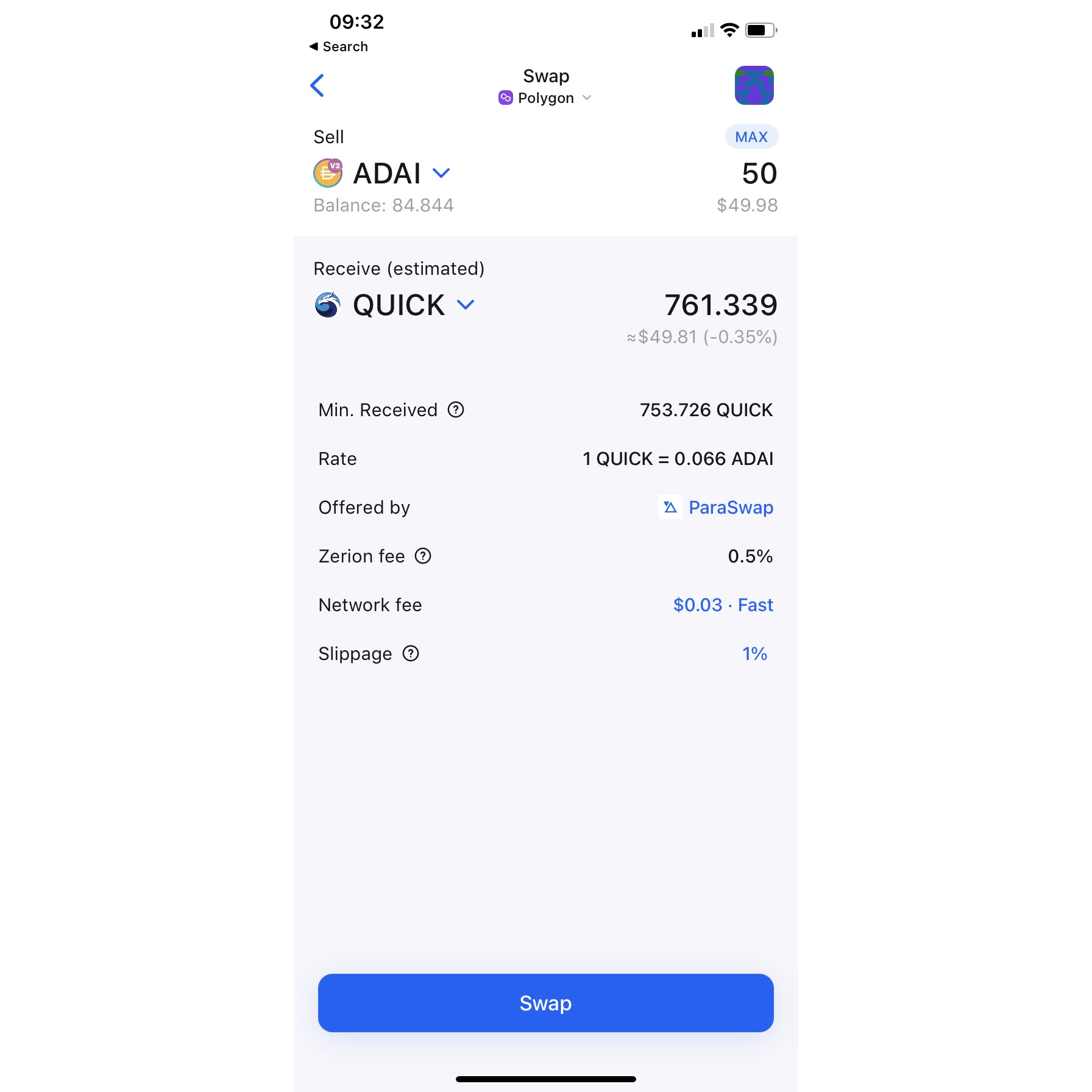 Swapping on Polygon with Zerion Wallet