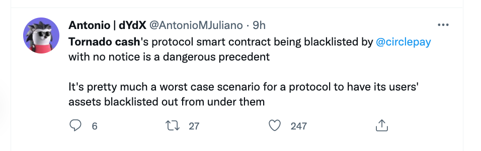 Antonio dYdX tweet about Tornado Cash