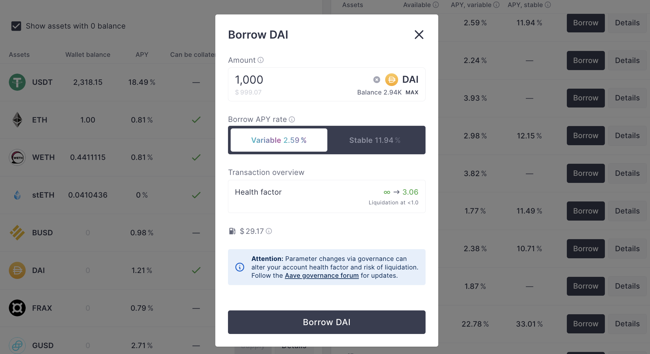 Borrowing 1000 DAI on Aave with variable APY