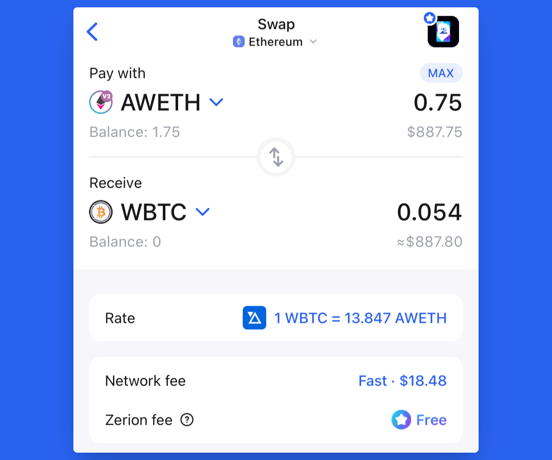 Swapping Aave aTokens for WBTC in Zerion Wallet