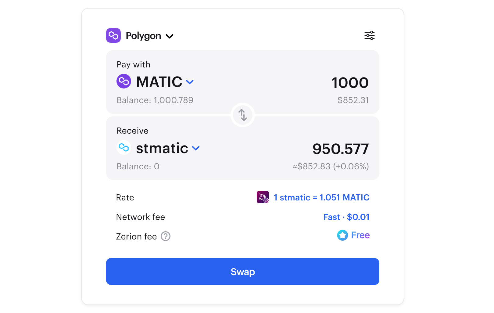 Screenshot of Zerion swap, selling MATIC to buy stMATIC on the Polygon network
