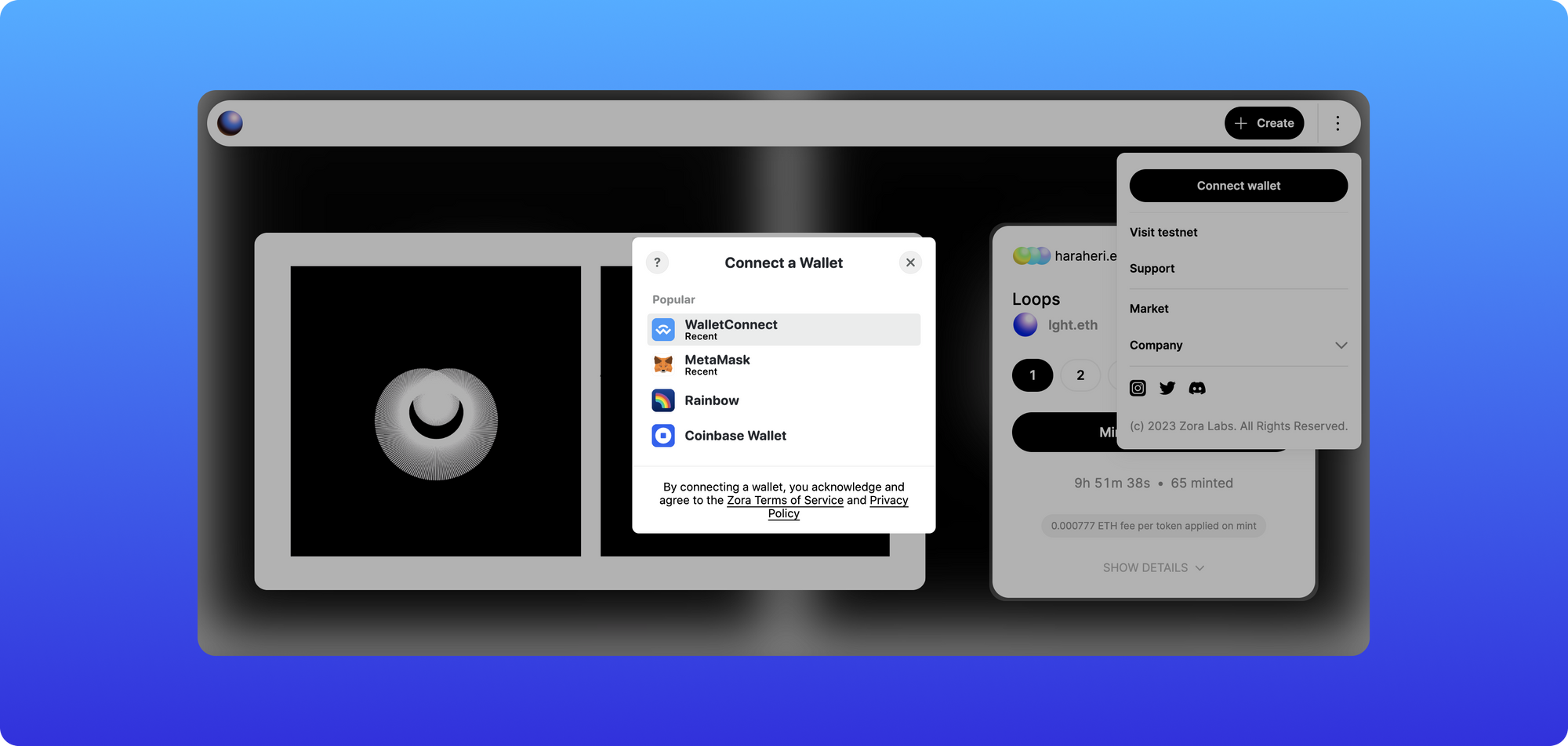 Screenshot of Zora with WalletConnect