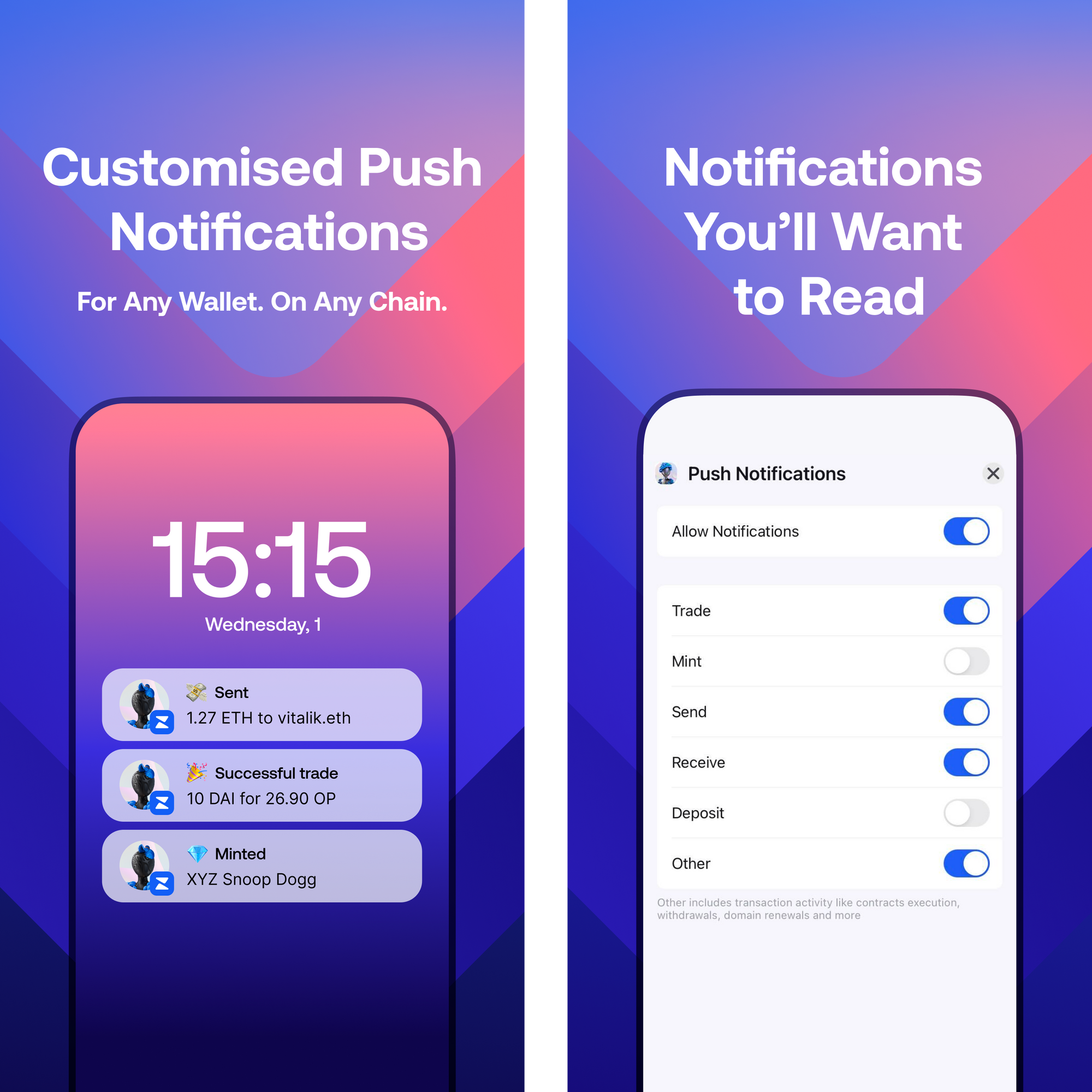 Screenshots of push notifications for send, trade, mint with Zerion Wallet 
