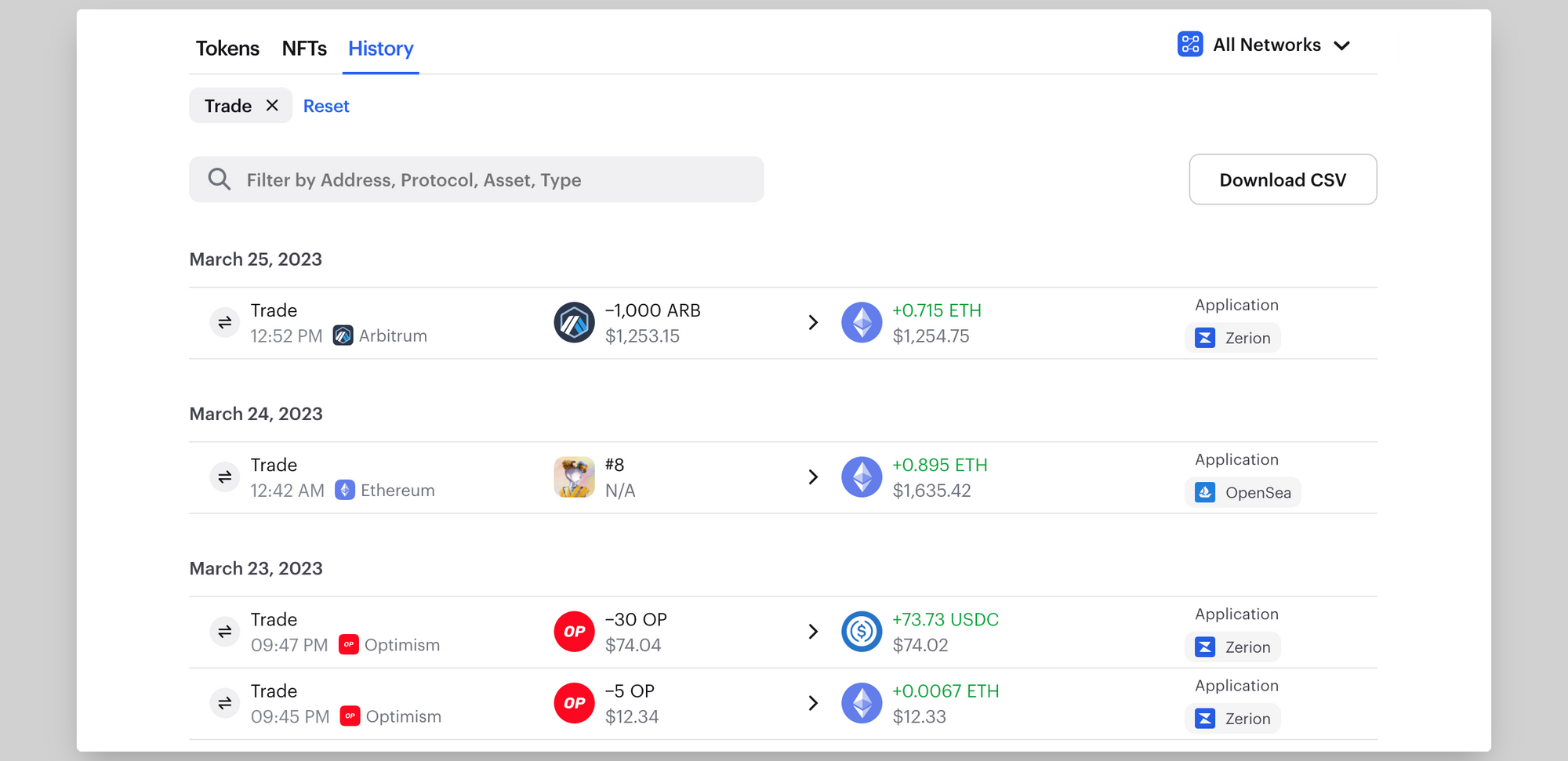 A screenshot of Zerion transaction history on Ethereum, Options, Arbitrum