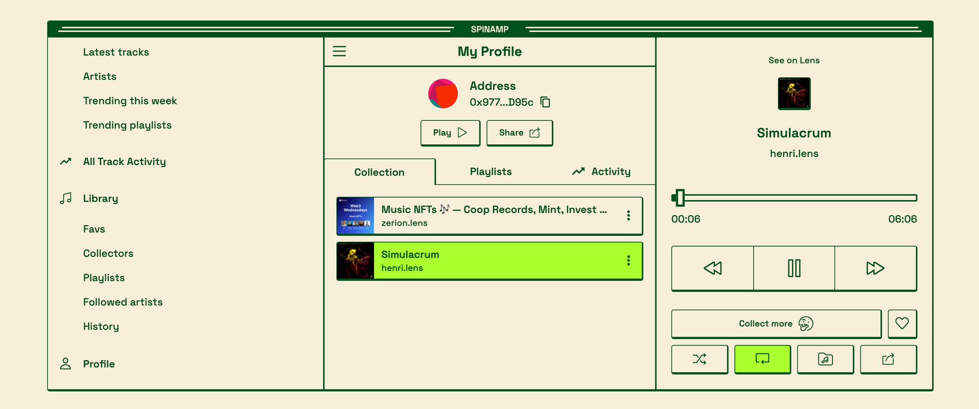 Screenshot of Spinamp profile