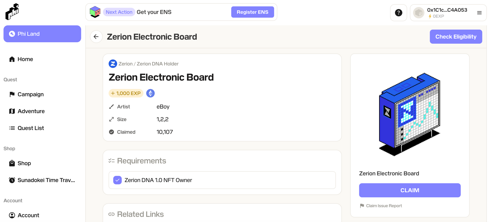 Screenshot of a Zerion Electronic Board for Zerion DNA holders