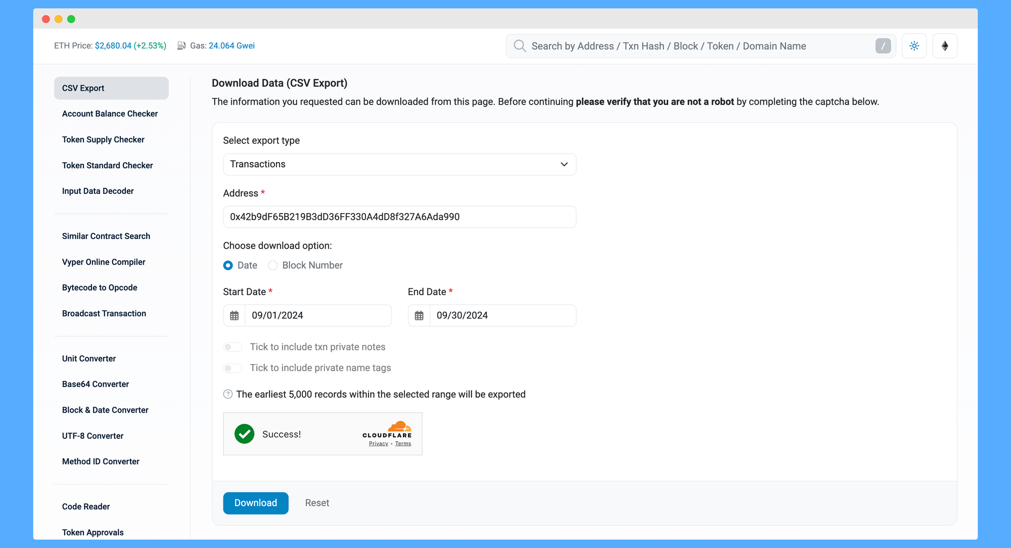 Exporting transactions as CSV with Etherscan