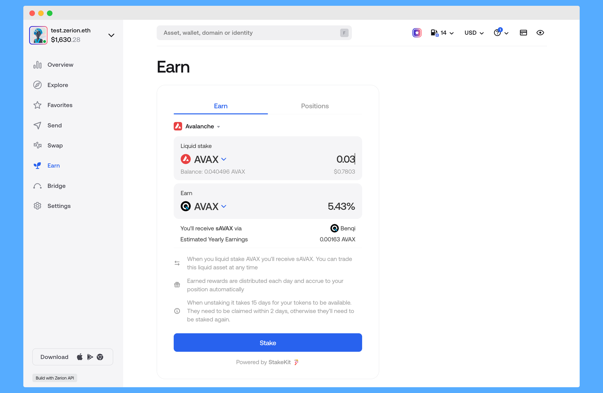 Staking AVAX in Zerion
