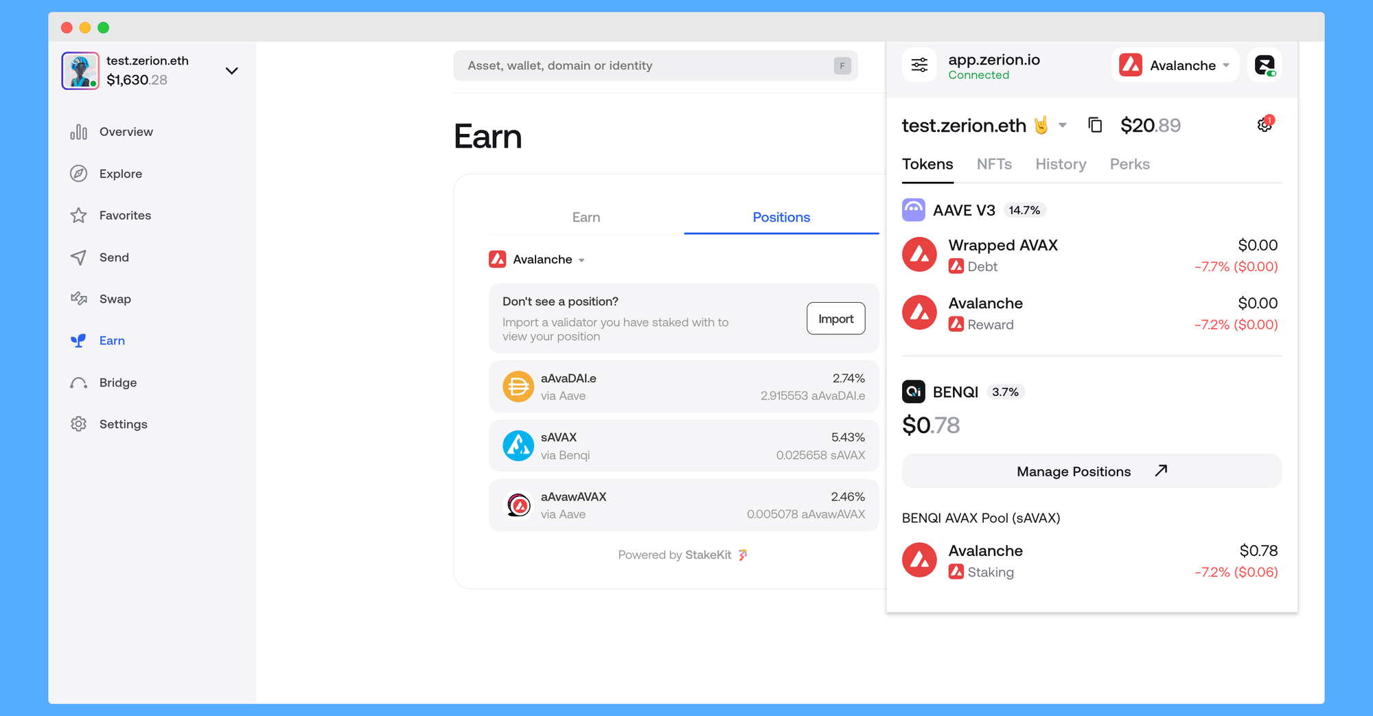 Staked AVAX positions in Zerion