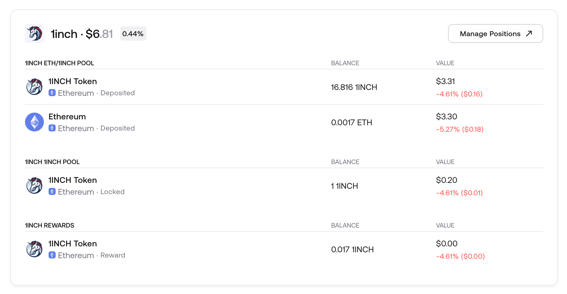 1INCH DeFi coin staking and rewards in Zerion