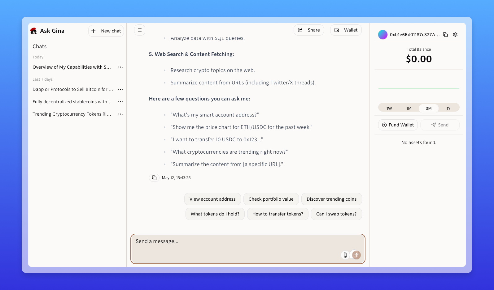 Screenshot of Ask Gina, AI wallet companion