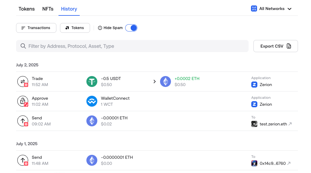 Screenshot of cross-chain transction history in Zerion