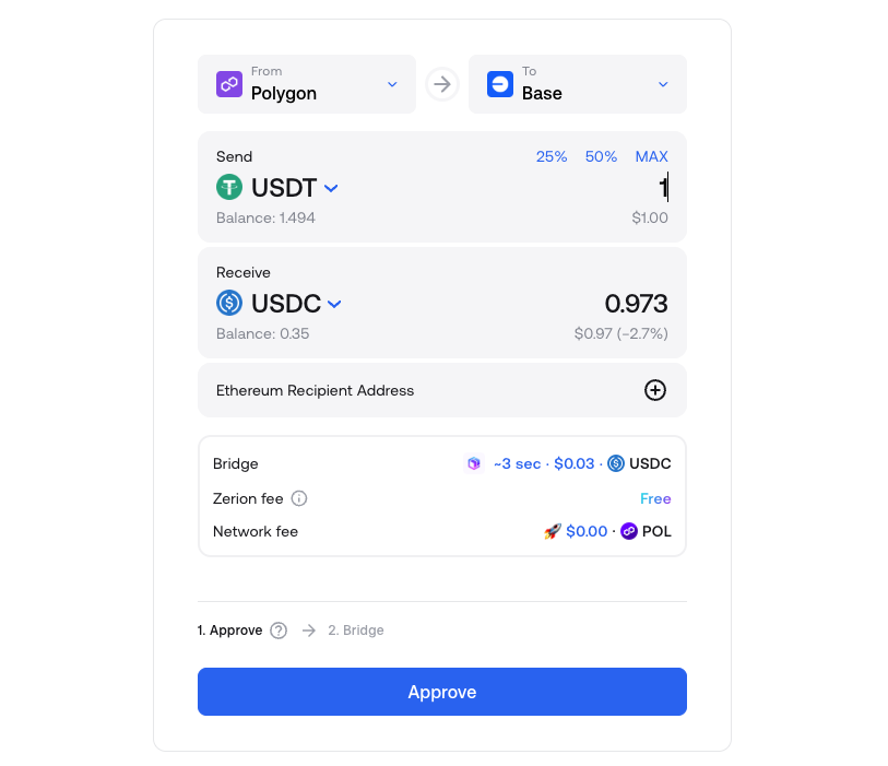 Example of bridging and swapping stablecoins in one go on Zerion