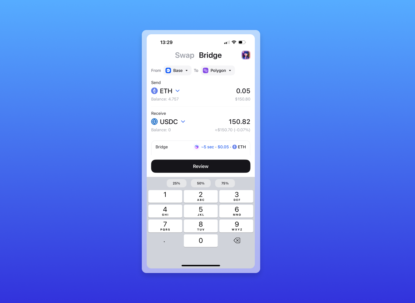 Bridge USDC to Polygon in Zerion