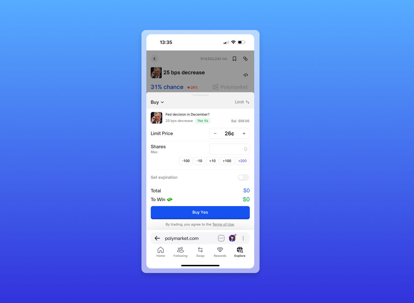 Place Polymarket bets right in Zerion Wallet