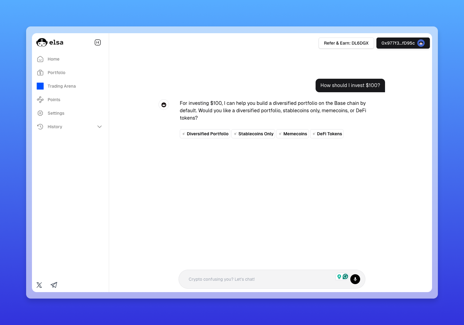 Just ask Elsa anything and it will prepare transactions for you