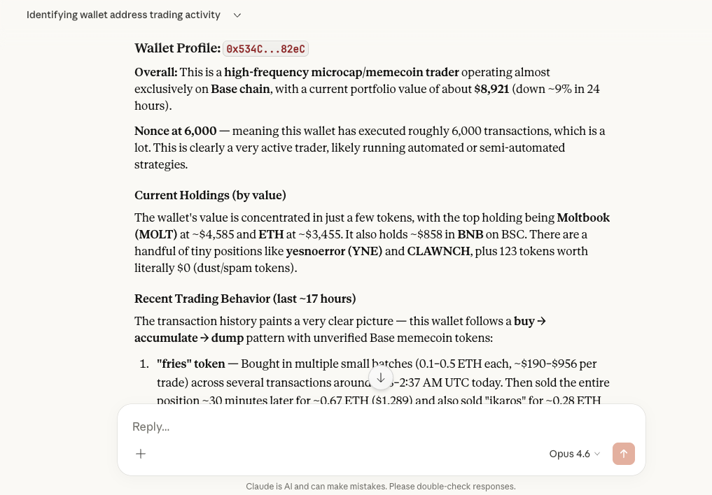 Claude's analysis of a wallet address with Zerion API