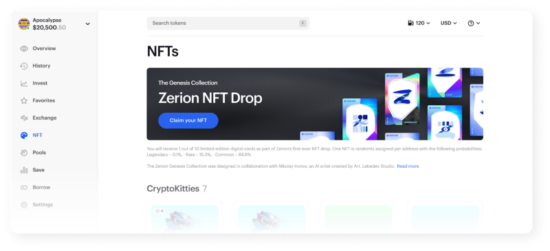 Non-fungible tokens (NFTs) on Zerion