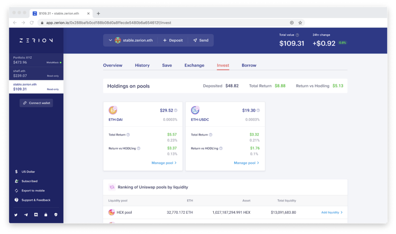 Tracking DeFi portfolio returns with Zerion (Investment Return vs. HODLing Return)