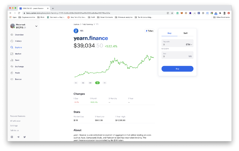 yearn.finance YFI token on Zerion