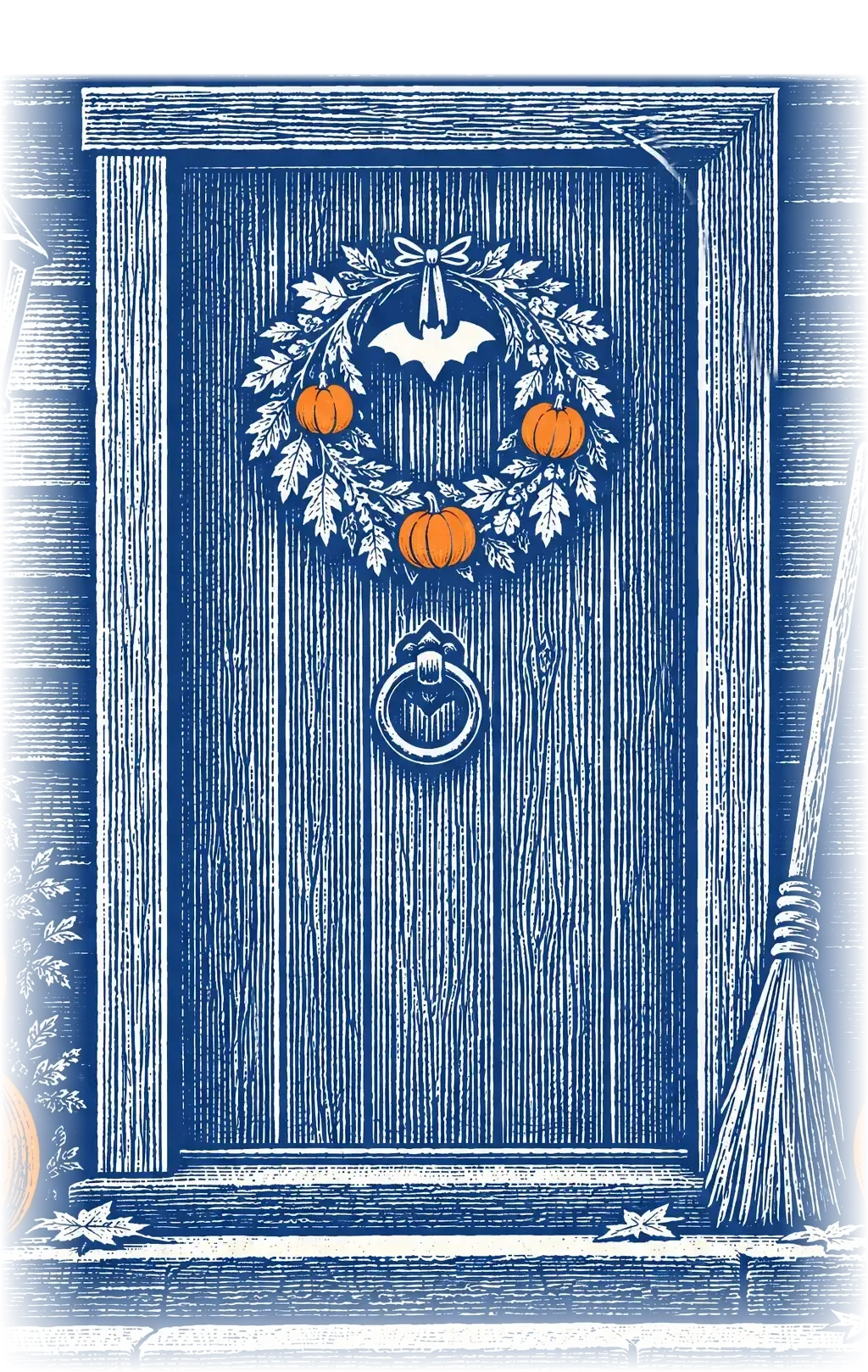 A Halloween house at the end of a leafy path: a wooden door with a leaf wreath and the Zerion logo, a string of lights with the xStocks, Ink and Zama logos above it, a cobweb and stacked orange jack-o'-lanterns